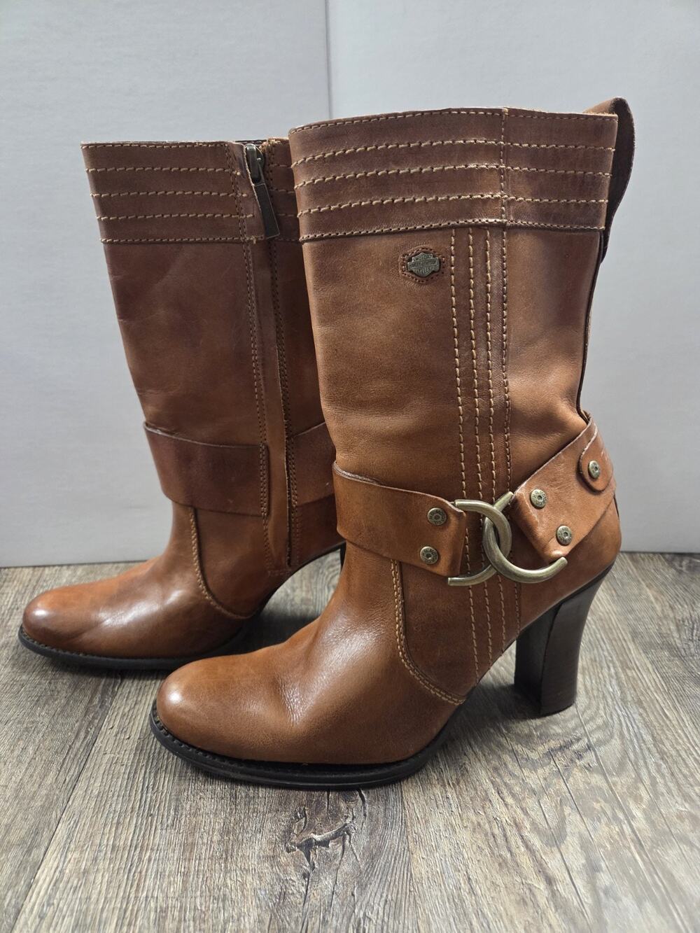 Harley Davidson Brown Leather Buckle Zip High Heeled Boots Womens 6 Motorcycle